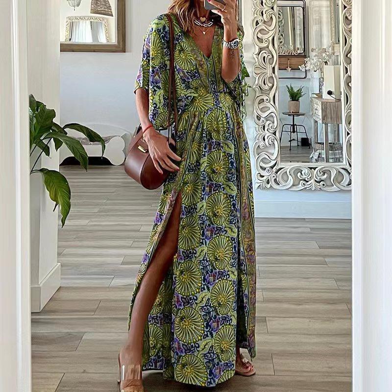 Bohemian Floral Print V-Neck Short Sleeve Side Slit Maxi Dress