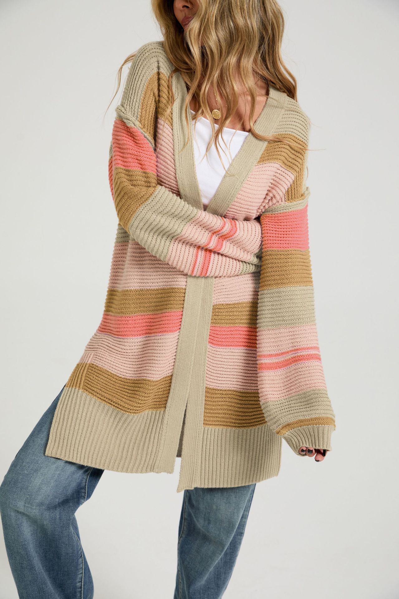 Color-Block Slit Long-Sleeve Cardigan Knit Sweater