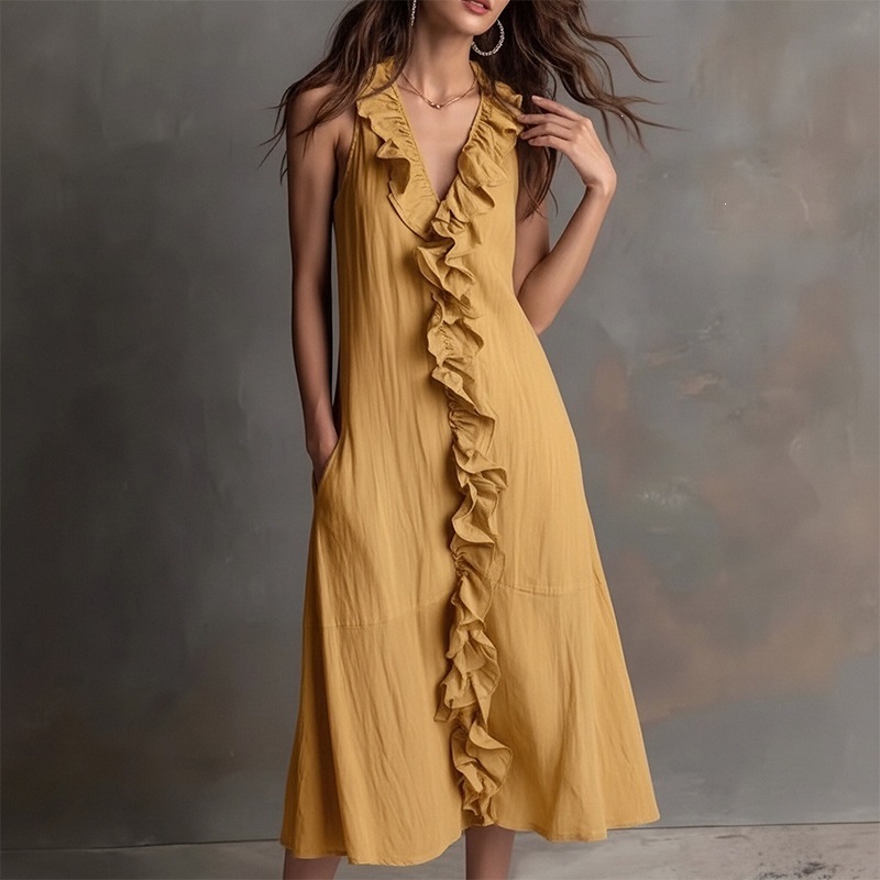 Beach Vacation Dress Women's Summer V-Neck Ruffle Maxi Dress