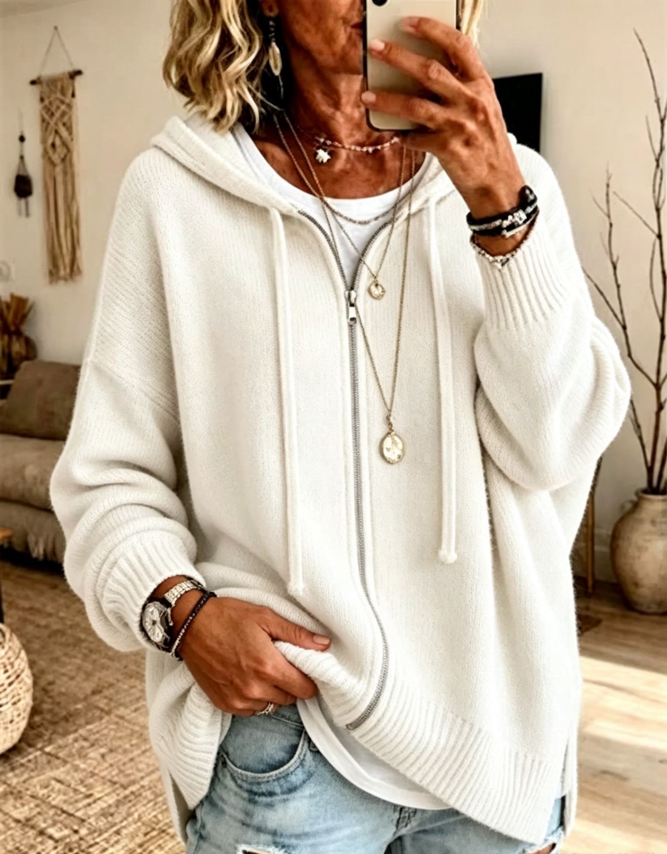 Women's Zip-Up Hooded Knit Cardigan Sweater