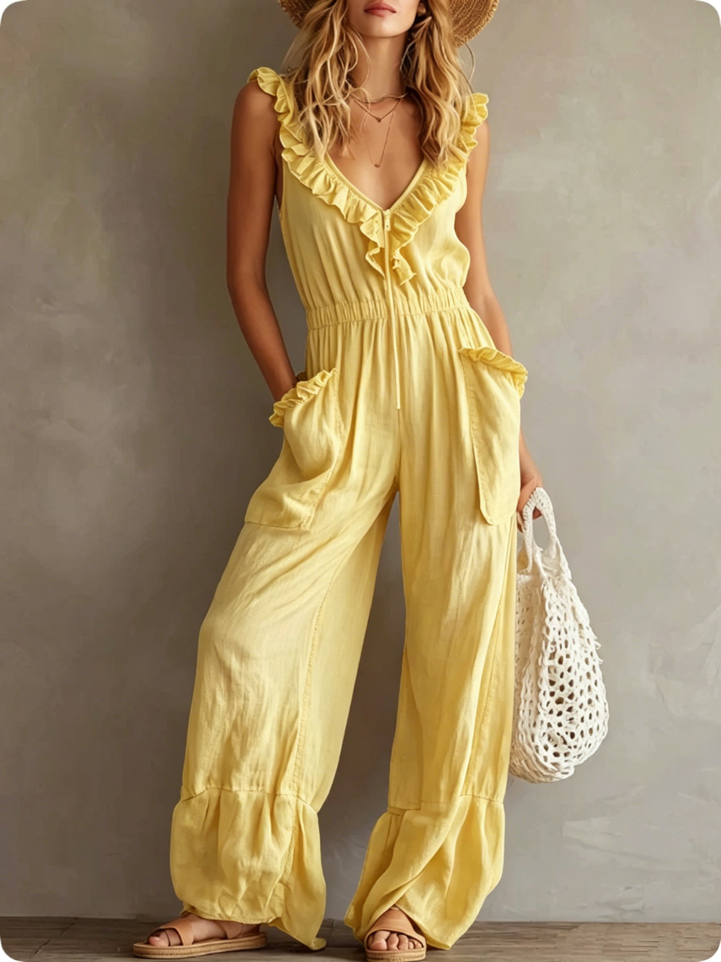 Bohemian V-Neck Ruffle Sleeveless Jumpsuit with Front Zip and Elastic Waist