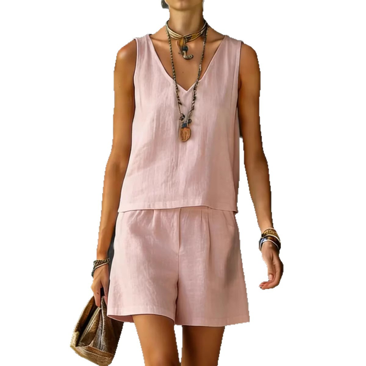 Women's Cotton-Linen Sleeveless Tank and Shorts Set Casual Solid Color