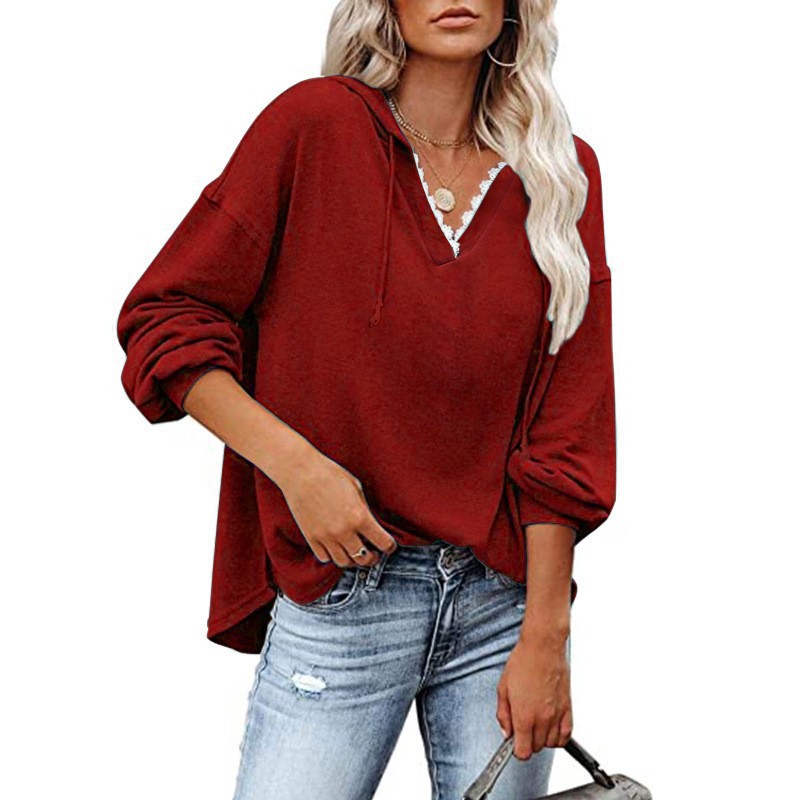 Women's Casual Hooded Lace V-Neck Long Sleeve Sweatshirt