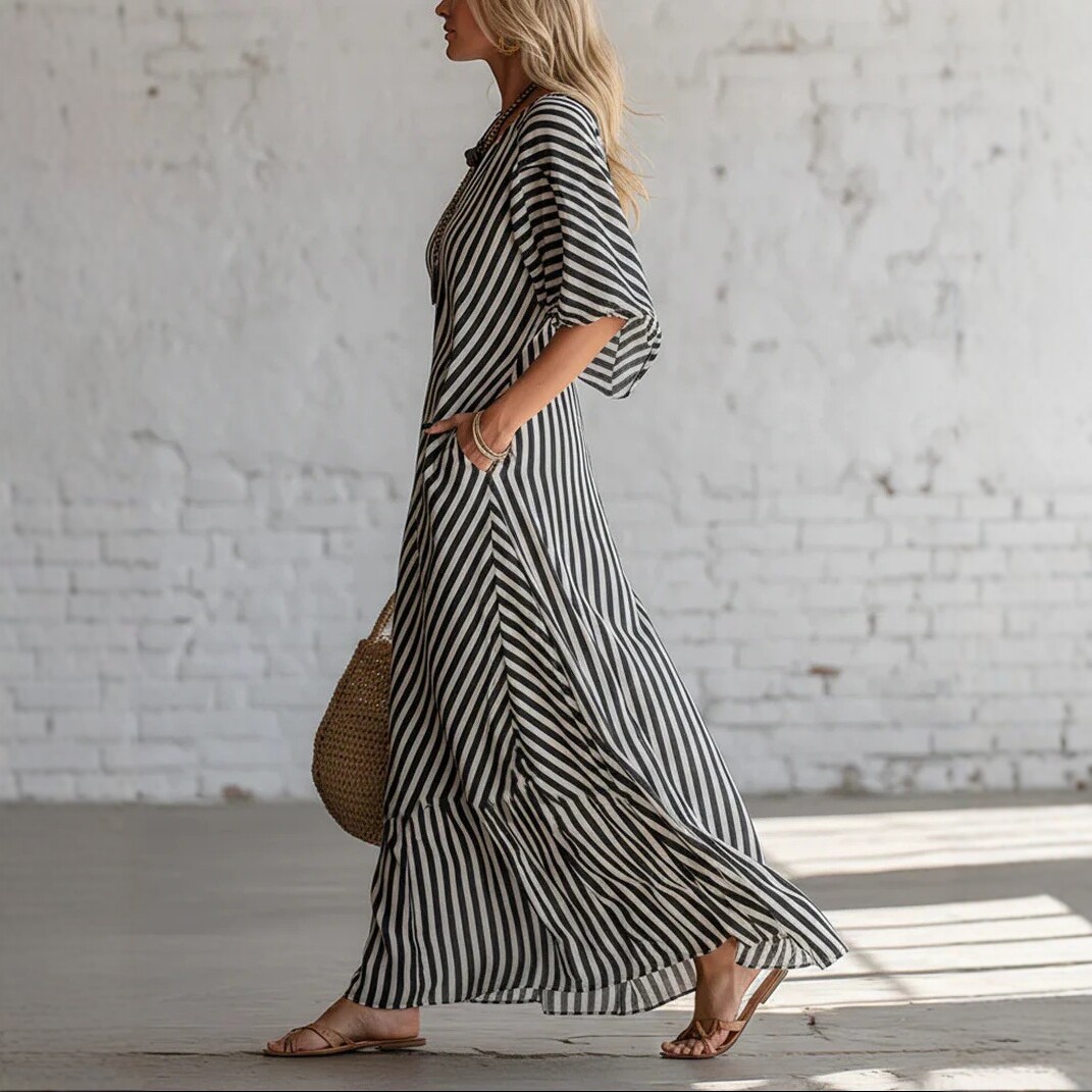 Striped Off-Shoulder Long Dress Casual Vacation Loose Fit