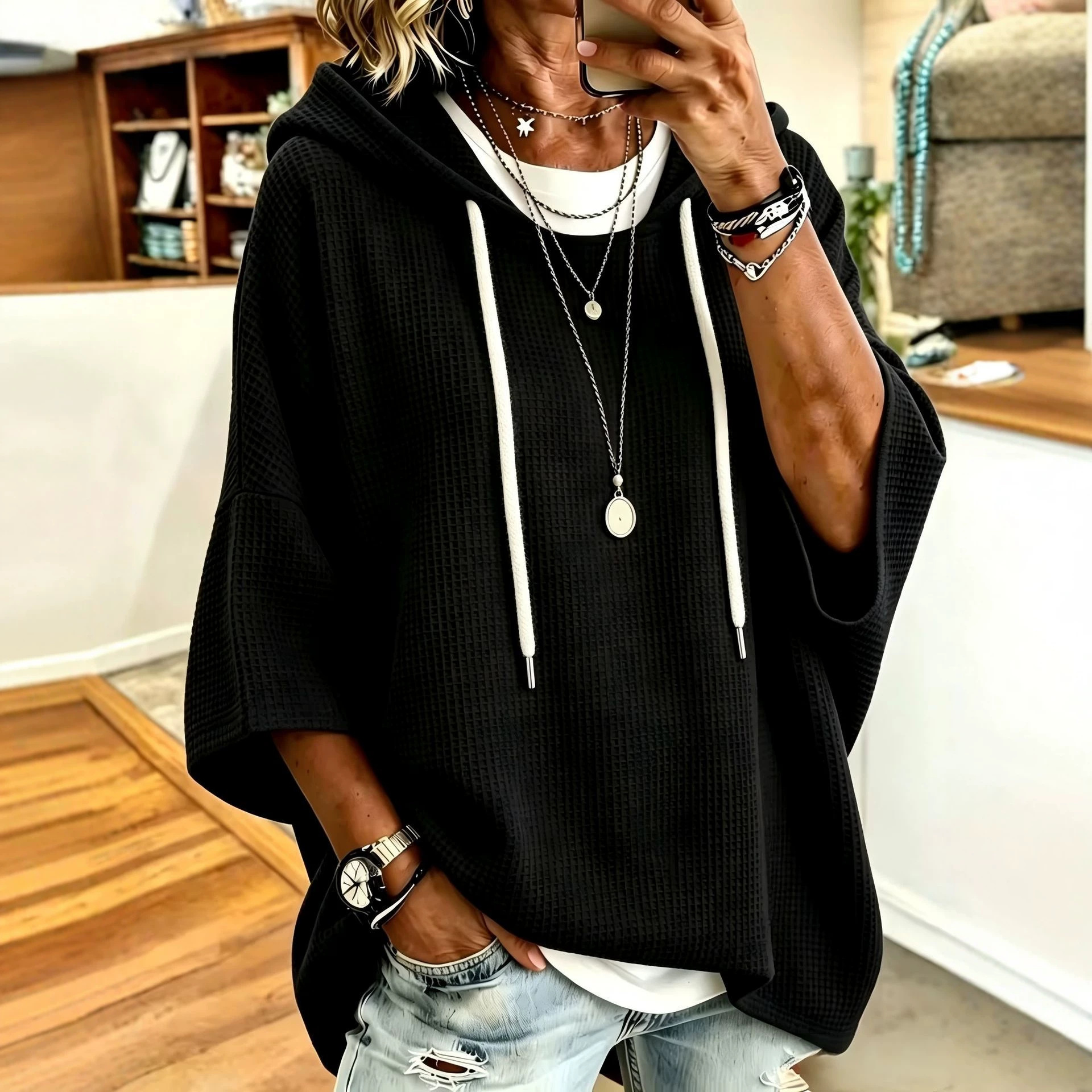 Women's Waffle Knit Hooded Drawstring Sweatshirt Casual Loose Fit