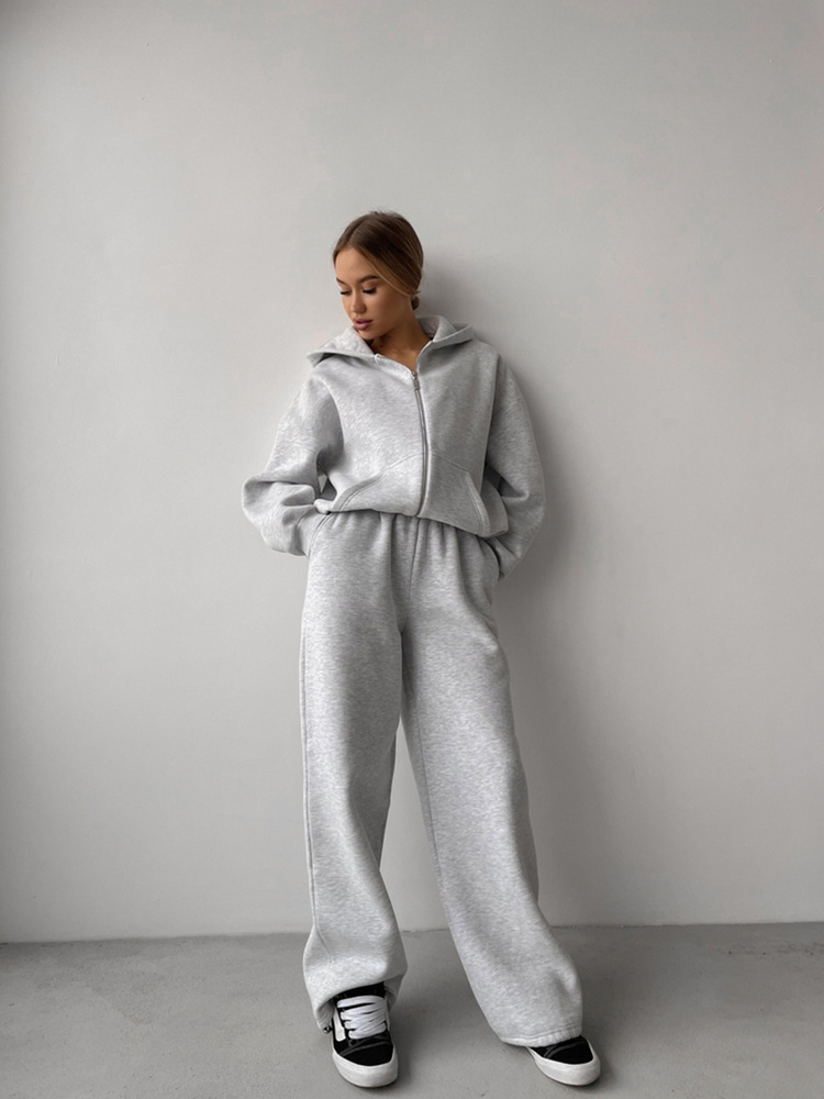 Women's Solid Color Hooded Cardigan Sweatshirt and Pants Set with Pockets