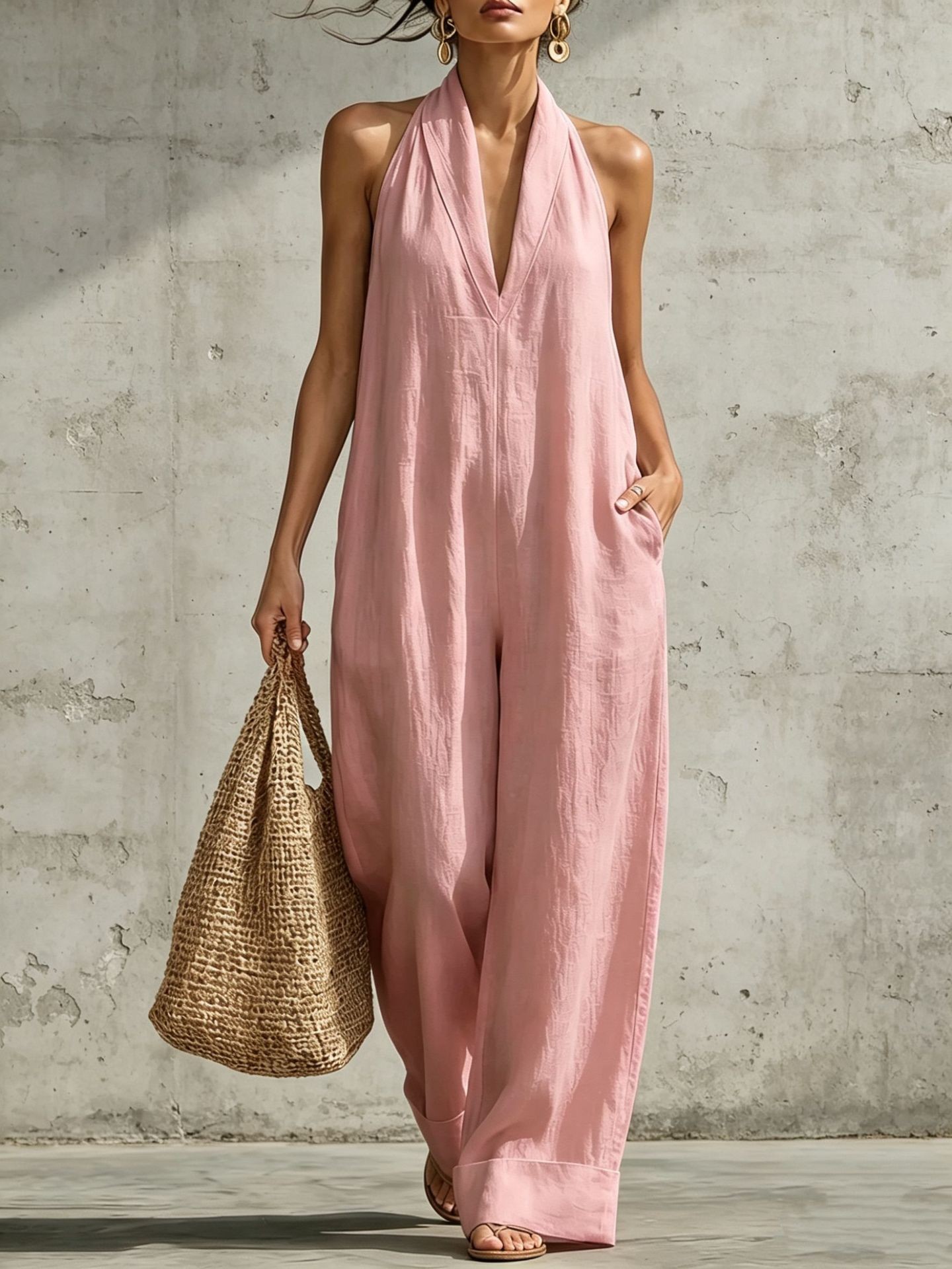 Women's Sleeveless Halter Wide-Leg Jumpsuit Solid Color Linen-Blend Long Pants