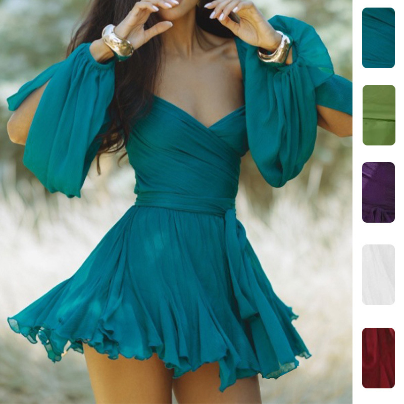 Women's Summer Slim Fit Solid Color Waist-Cinched Long Sleeve French Dress