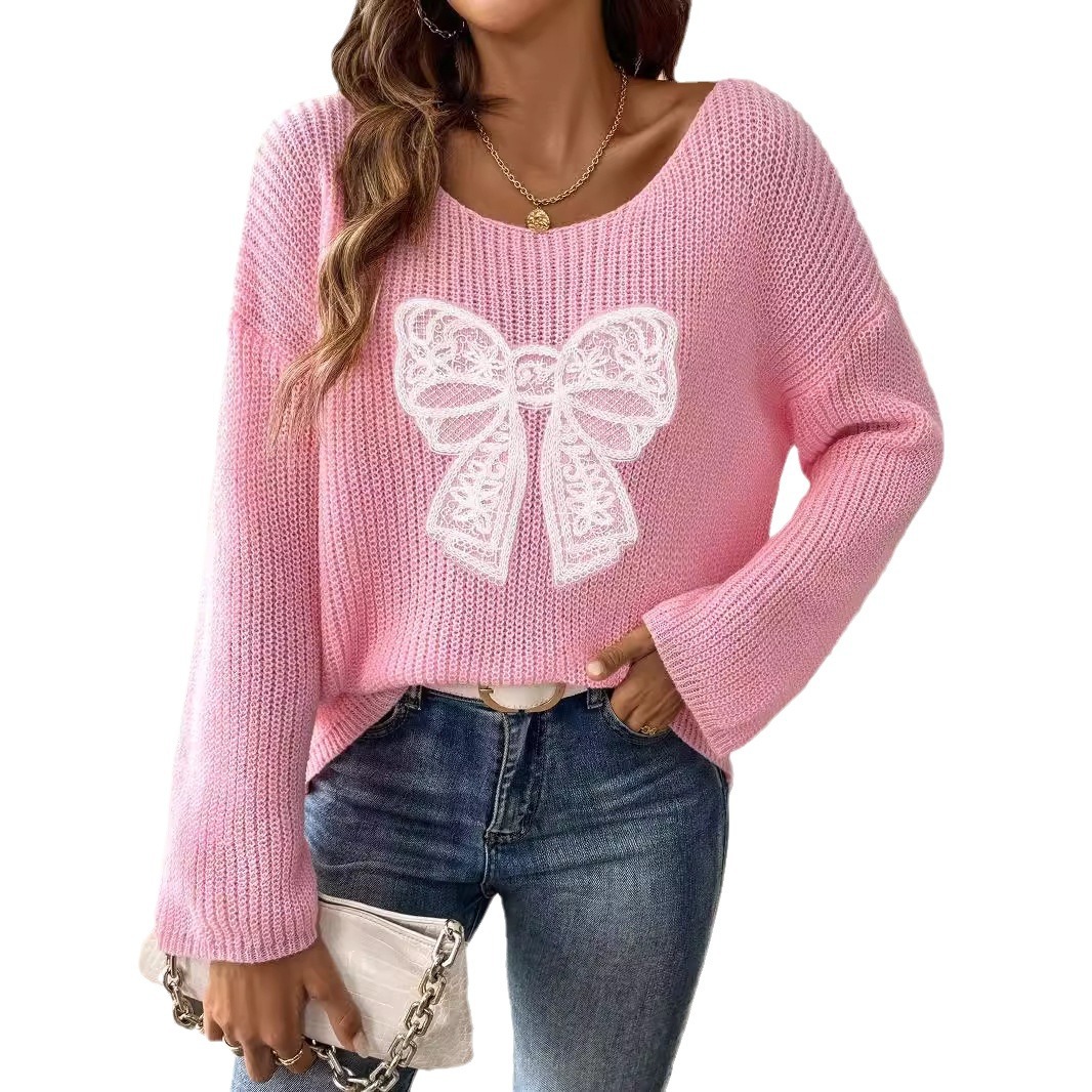Bow Embroidered Off-Shoulder Flare-Sleeve Pullover Sweater