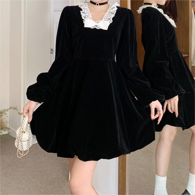 Retro Velvet Little Black Dress with Bow, Plus Size Slimming Mini Dress