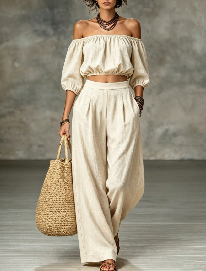 Off-Shoulder Lantern Sleeve High-Waist Wide-Leg Two-Piece Set
