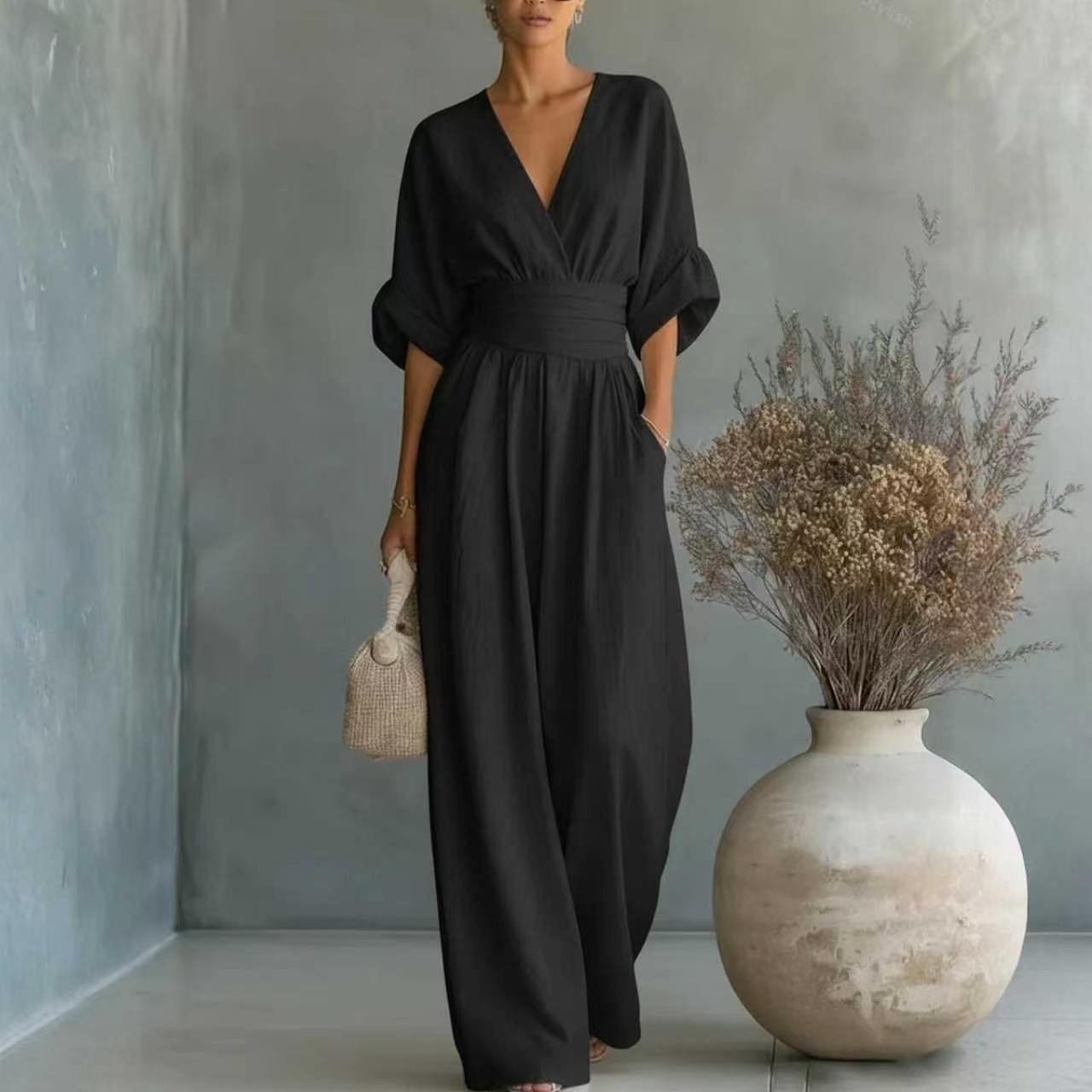 Elegant V-Neck Cinched Waist Wide-Leg Jumpsuit