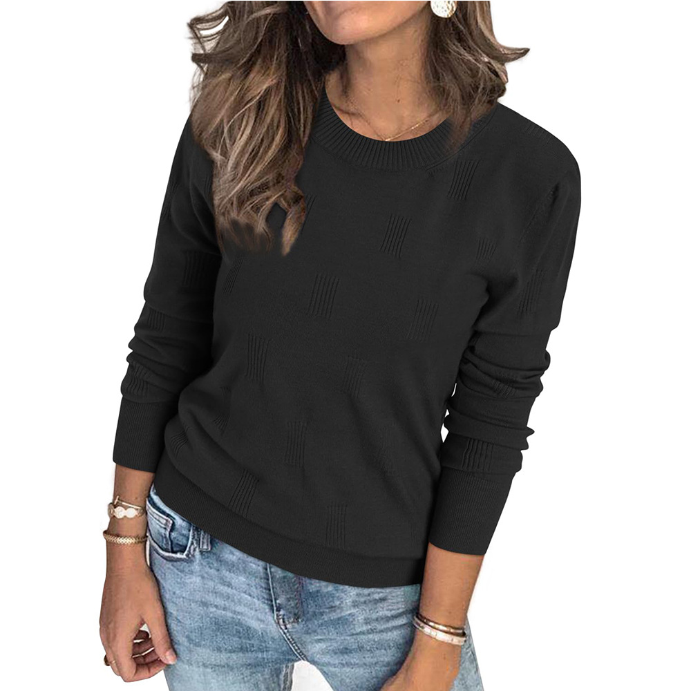 Solid Crewneck Pullover Knit Sweater with Scratch Detail Long Sleeve