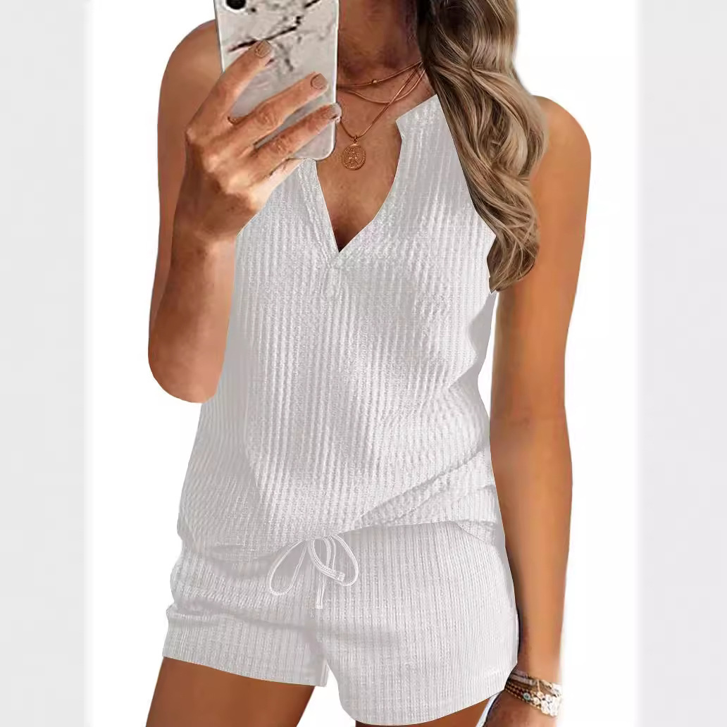 Women's V-Neck Tank Top and Shorts Set Waffle Knit Loose Casual Sportswear
