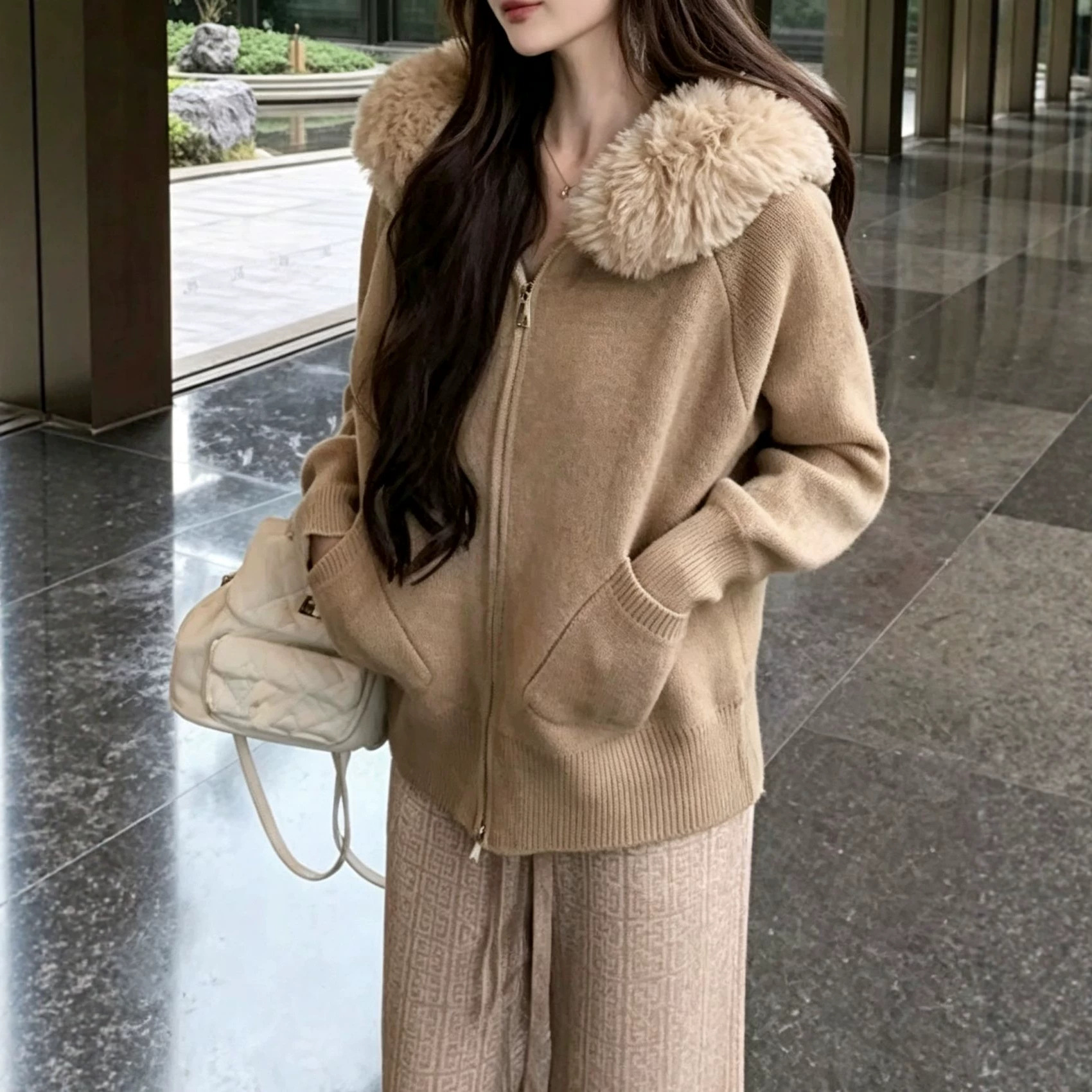 Women's Faux Fur Trim Hooded Zip Knit Cardigan Solid Color Loose Sweater with Pockets