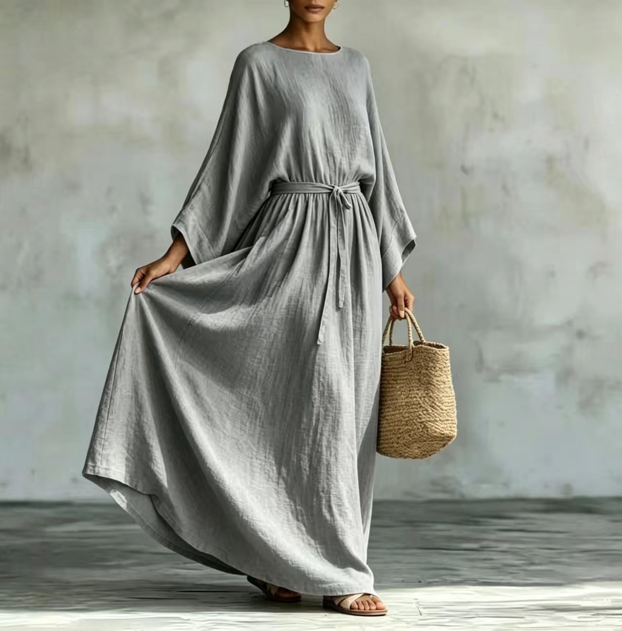 Lazy Style Cotton-Linen Tie-Waist Wide-Sleeve Maxi Dress