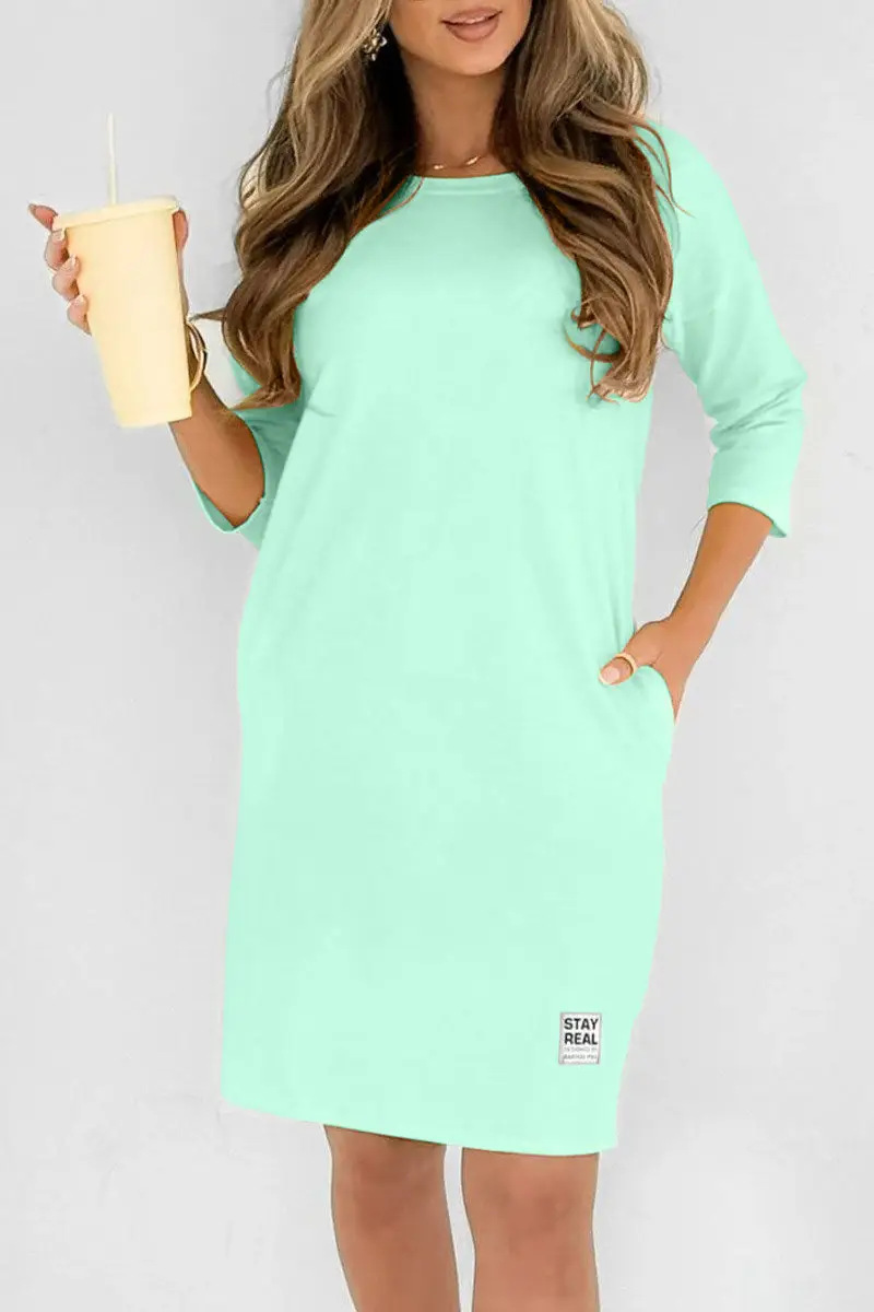 Women's Solid Crewneck Long Sleeve Loose Casual Midi Dress