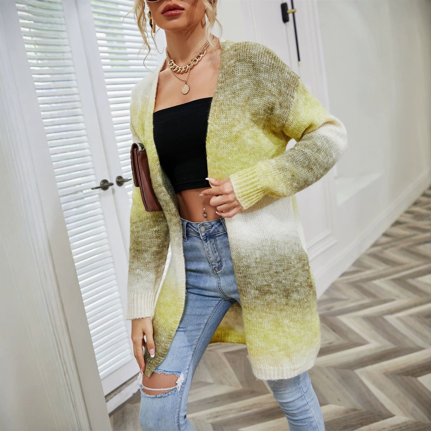 Rainbow Tie-Dye Long Sleeve Open Front Cardigan Sweater Coat Women