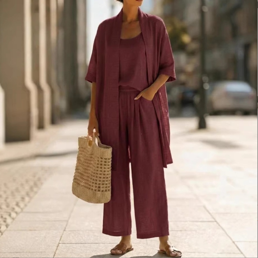Women's Summer Breathable Linen 3-Piece Set White Cardigan Cami Wide-Leg Pants