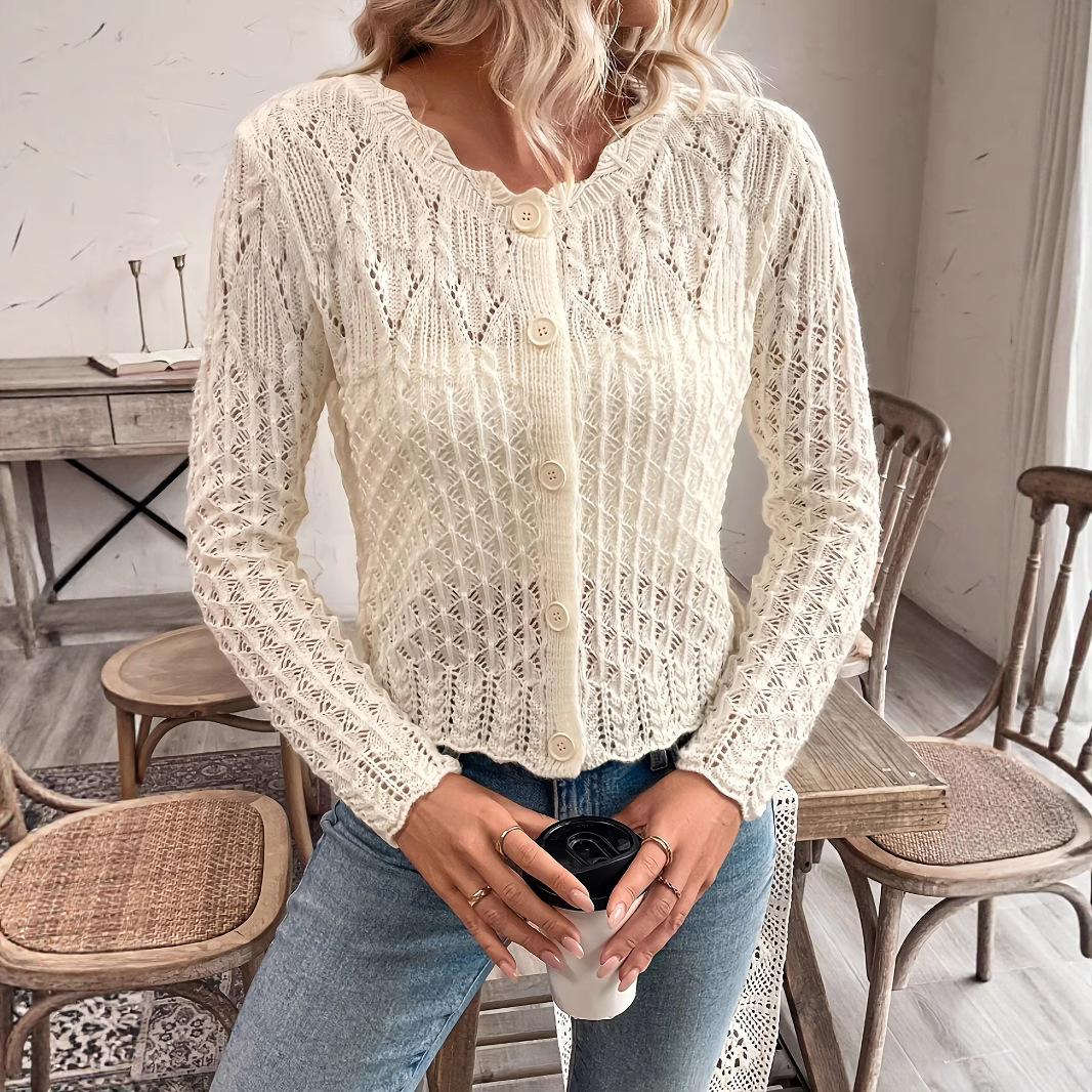 Women's Open-Knit Button-Front Cardigan with Round Neck