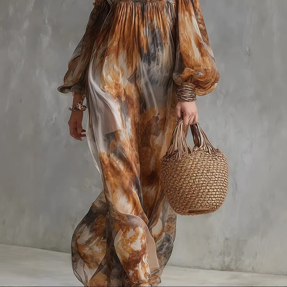 Women's Off-Shoulder Printed Maxi Dress Loose Vacation Beach Dress