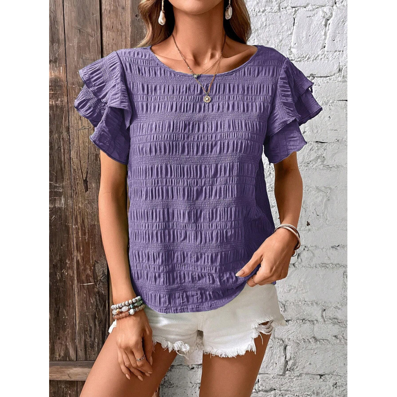 Women's Summer Double Ruffle Sleeve Round Neck Pullover T-Shirt