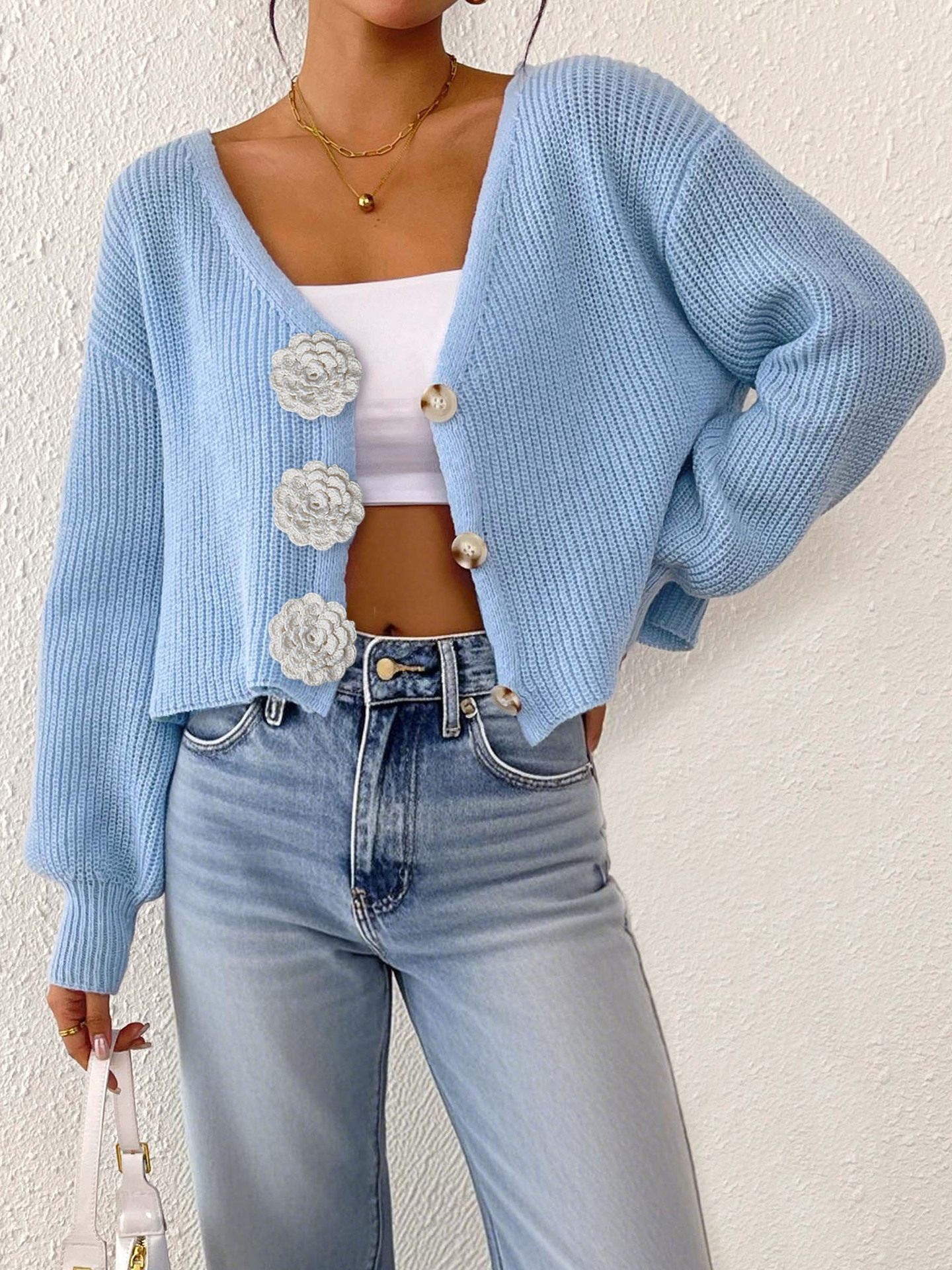 Women's Crochet Floral Button Cardigan Knit Top Short Jacket