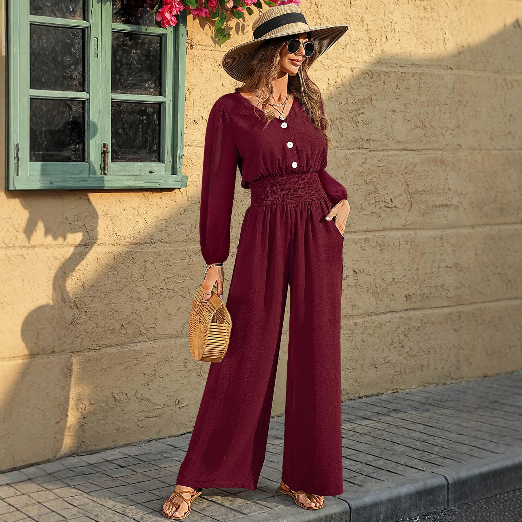 Women's Elegant Wide-Leg Jumpsuit with V-Neck and Buttons