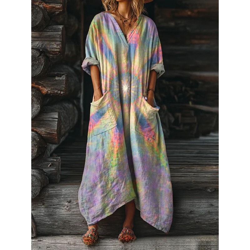 Women's Floral Ripple Print V-Neck A-Line Midi Dress Long Sleeve