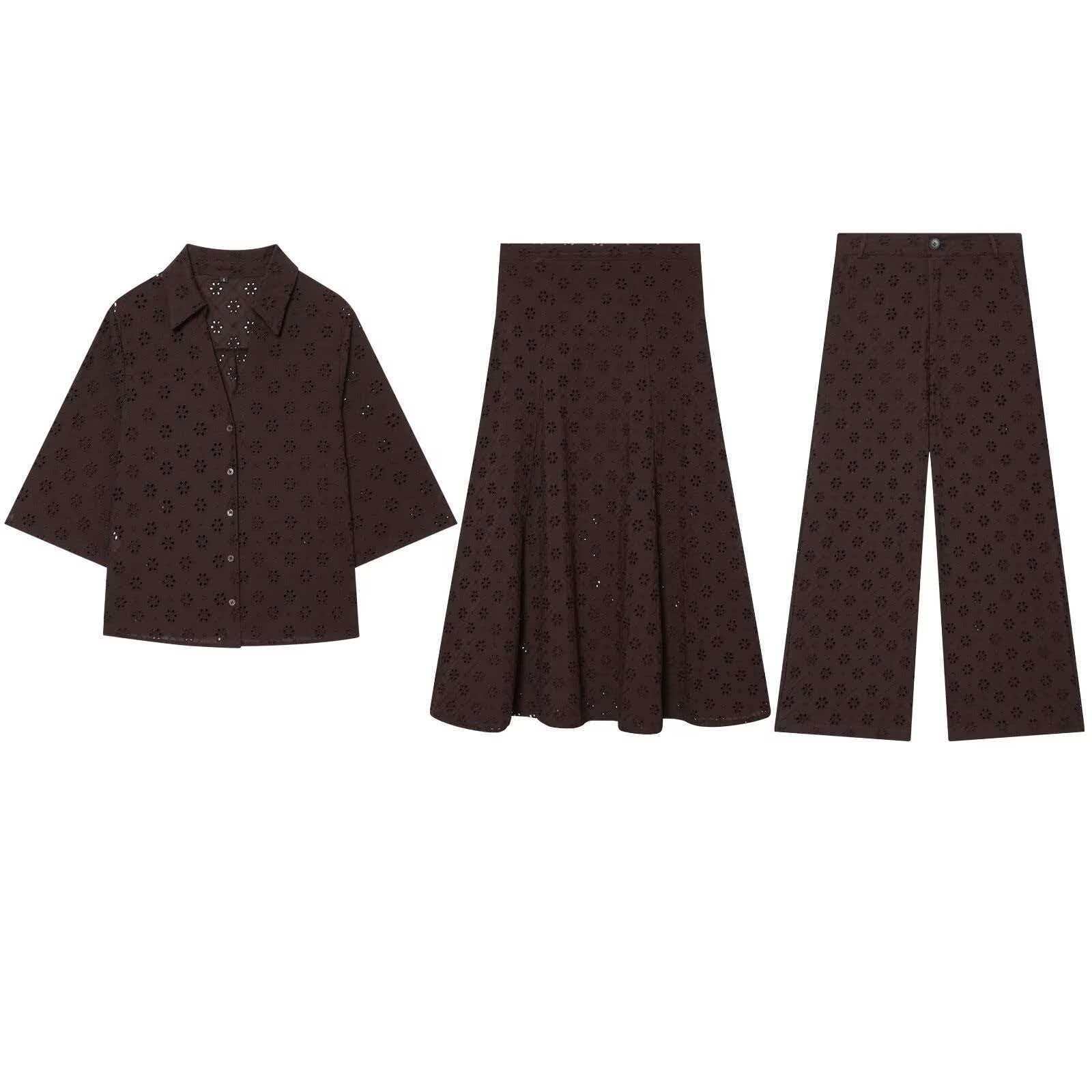 Women's Summer Embroidered Shirt and Skirt or Wide-Leg Pants Three-Piece Set