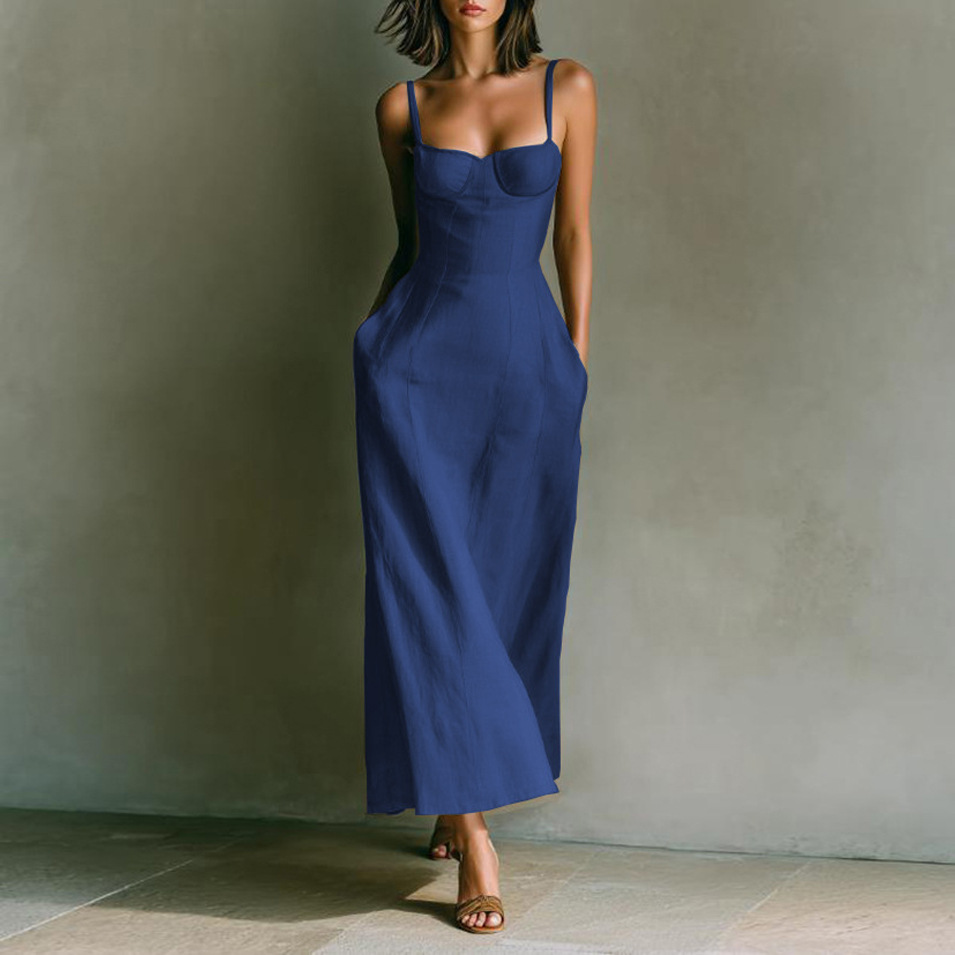 Women's French Waist-Cinched Sleeveless Midi Dress Solid Color