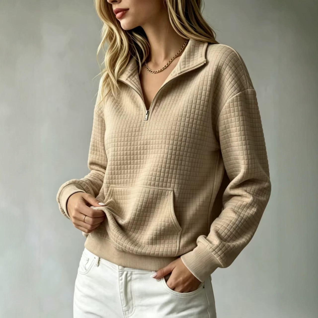 Women's Loose Kangaroo Pocket Solid Color Stand Collar Zip-Up Long Sleeve Sweatshirt