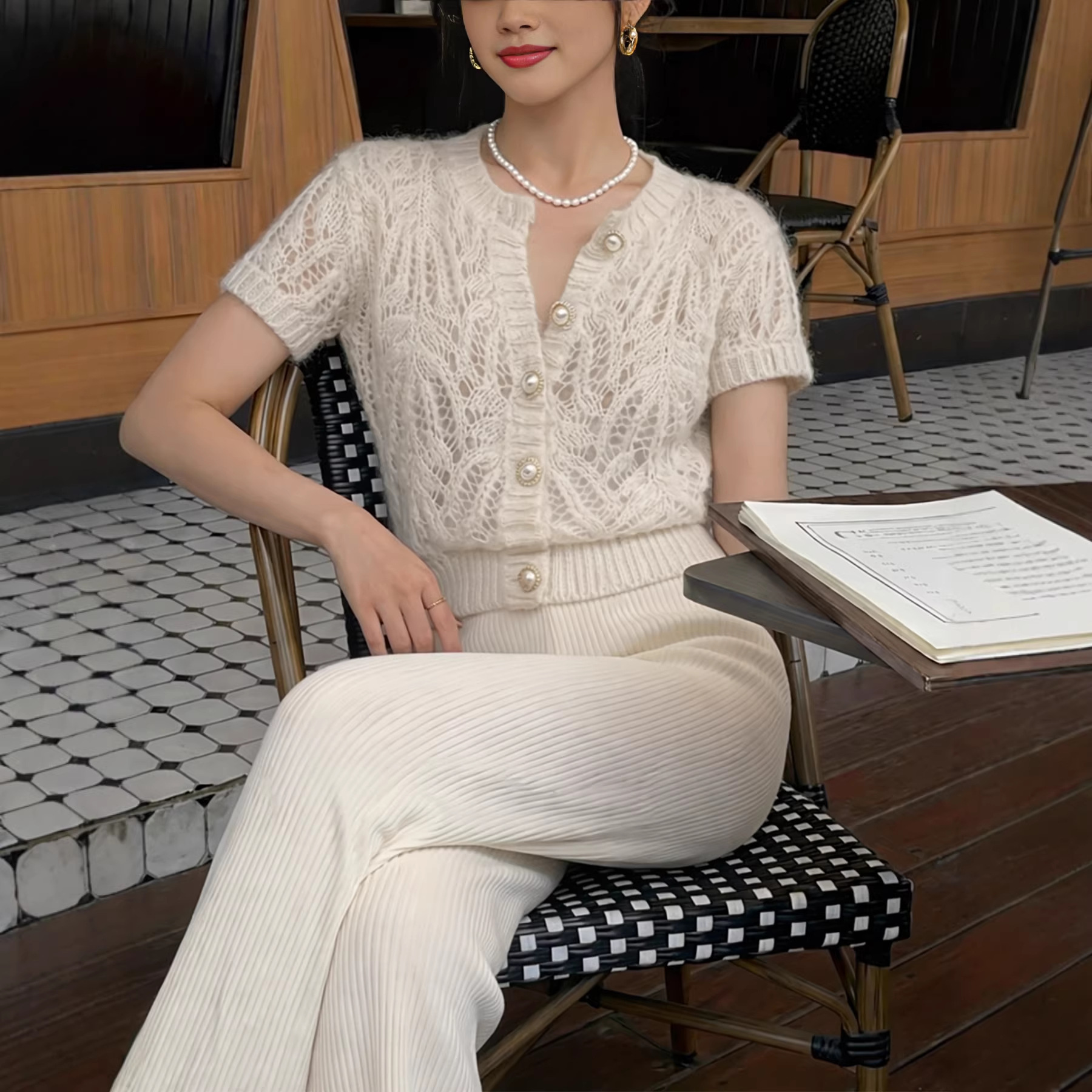 Women's Openwork Cardigan with Pearl Buttons and Round Neck