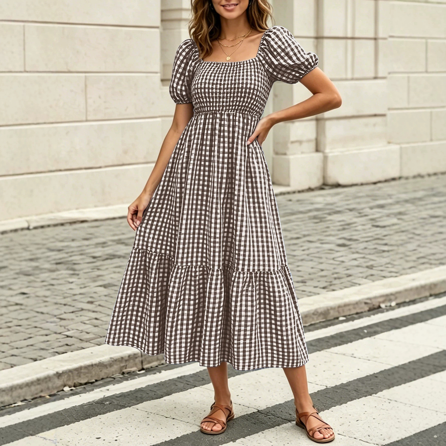 French Cottage Vichy Gingham Puff Sleeve Square Neck High Waist Tiered Midi Dress