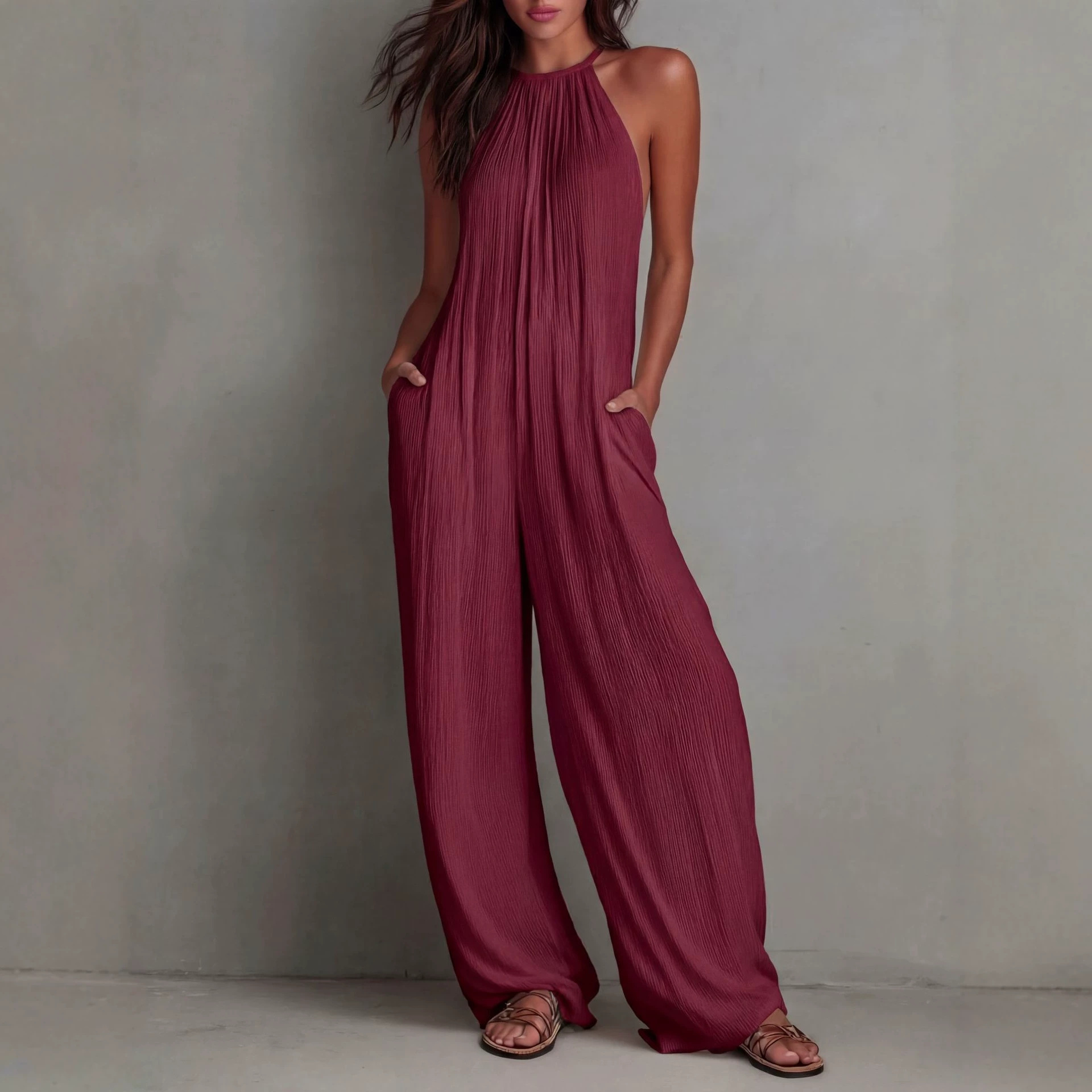 White Ruched Open-Back Wide-Leg Jumpsuit
