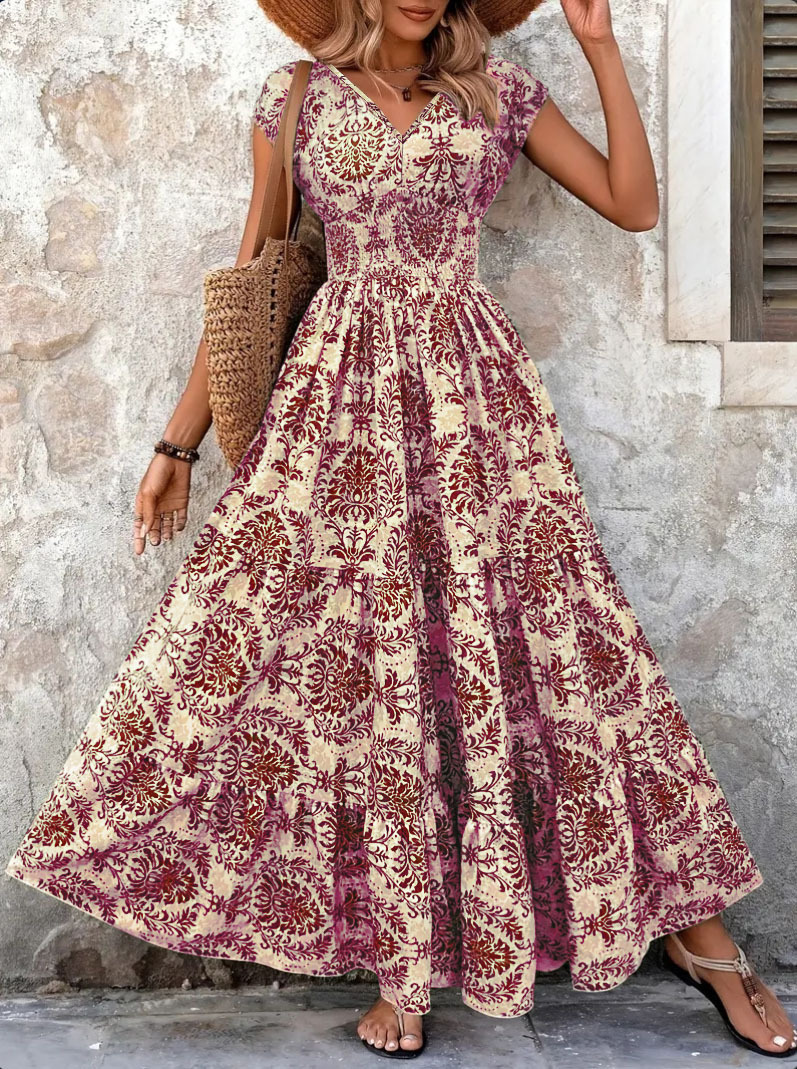 Vintage Floral Print V-Neck Short Sleeve Long Dress
