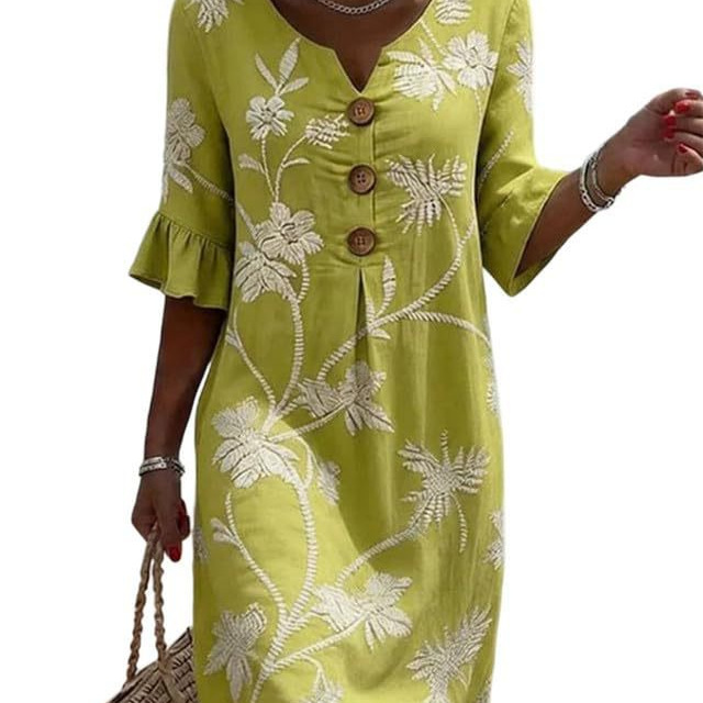 Women's Floral Print Ruched Three-Button Rolled-Sleeve Dress