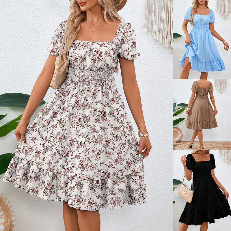Women's Ruffle A-Line Dress Square Neck Short Sleeve Solid Color