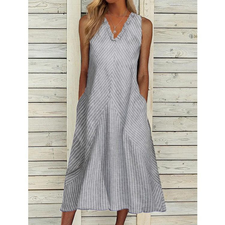 Summer V-Neck Sleeveless Smocked Pocket Striped Print Maxi Dress
