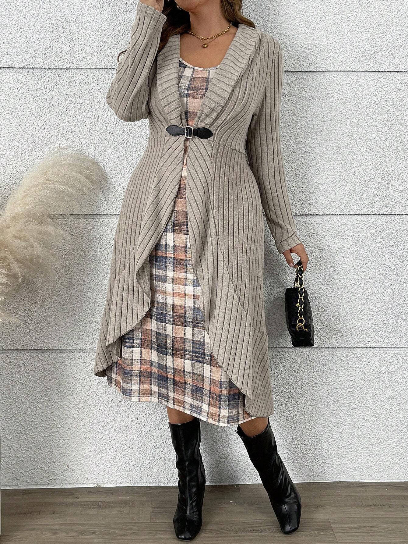 Pleated Long Sleeve Cardigan Trench Coat & Knit Dress Two-Piece Set