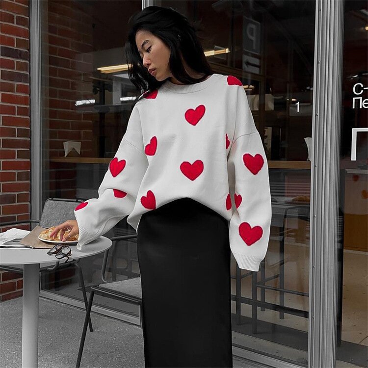 Women's Long Sleeve Loose Knit Sweater with Heart Embroidery Crew Neck