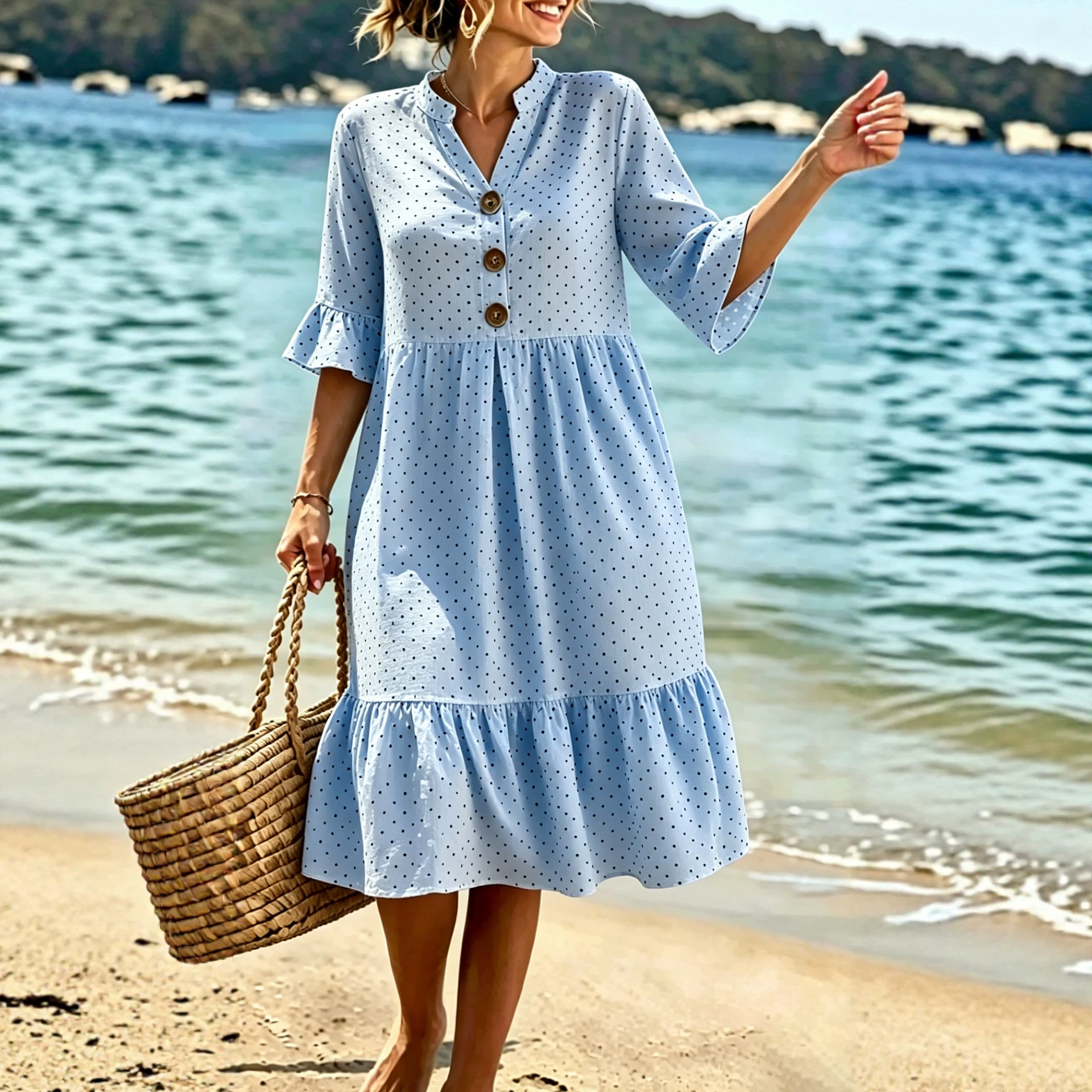 V-Neck Polka Dot Ruffle Sleeve Boho Vacation Dress