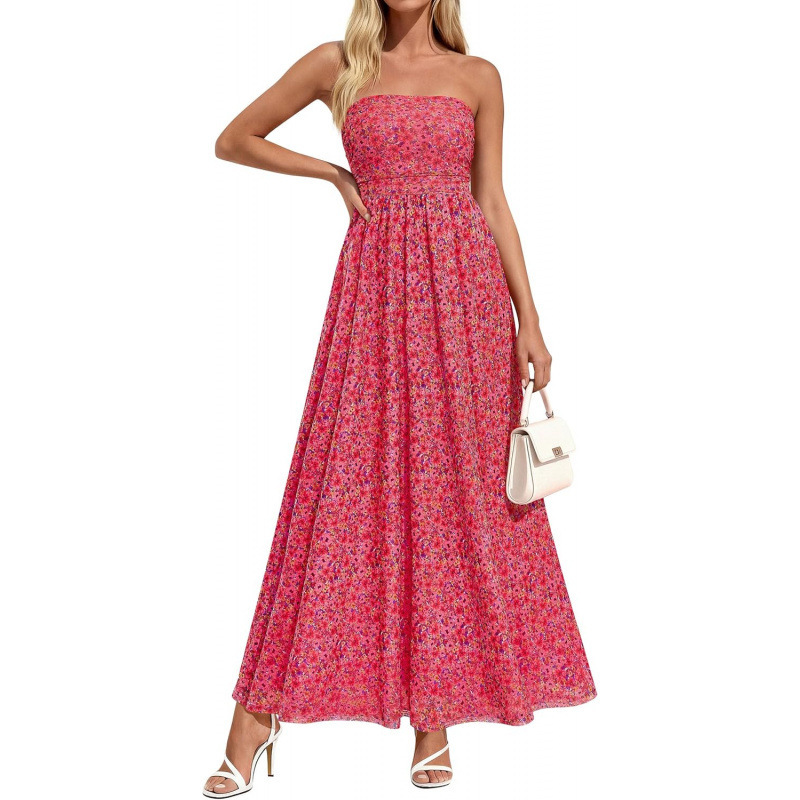 Boho Floral Strapless A-Line Maxi Dress