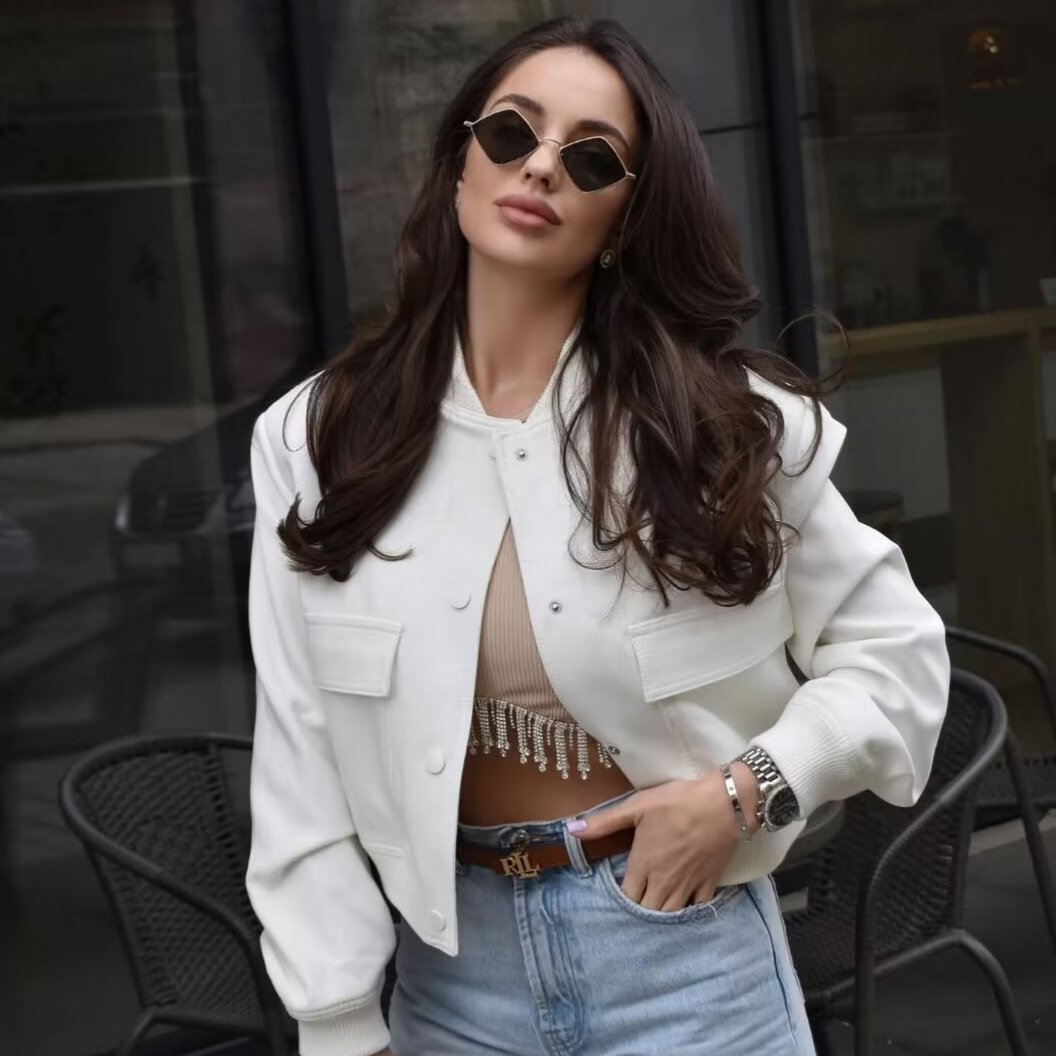 Women's Casual Bomber Jacket – TR Fabric, Button Front, Round Neck