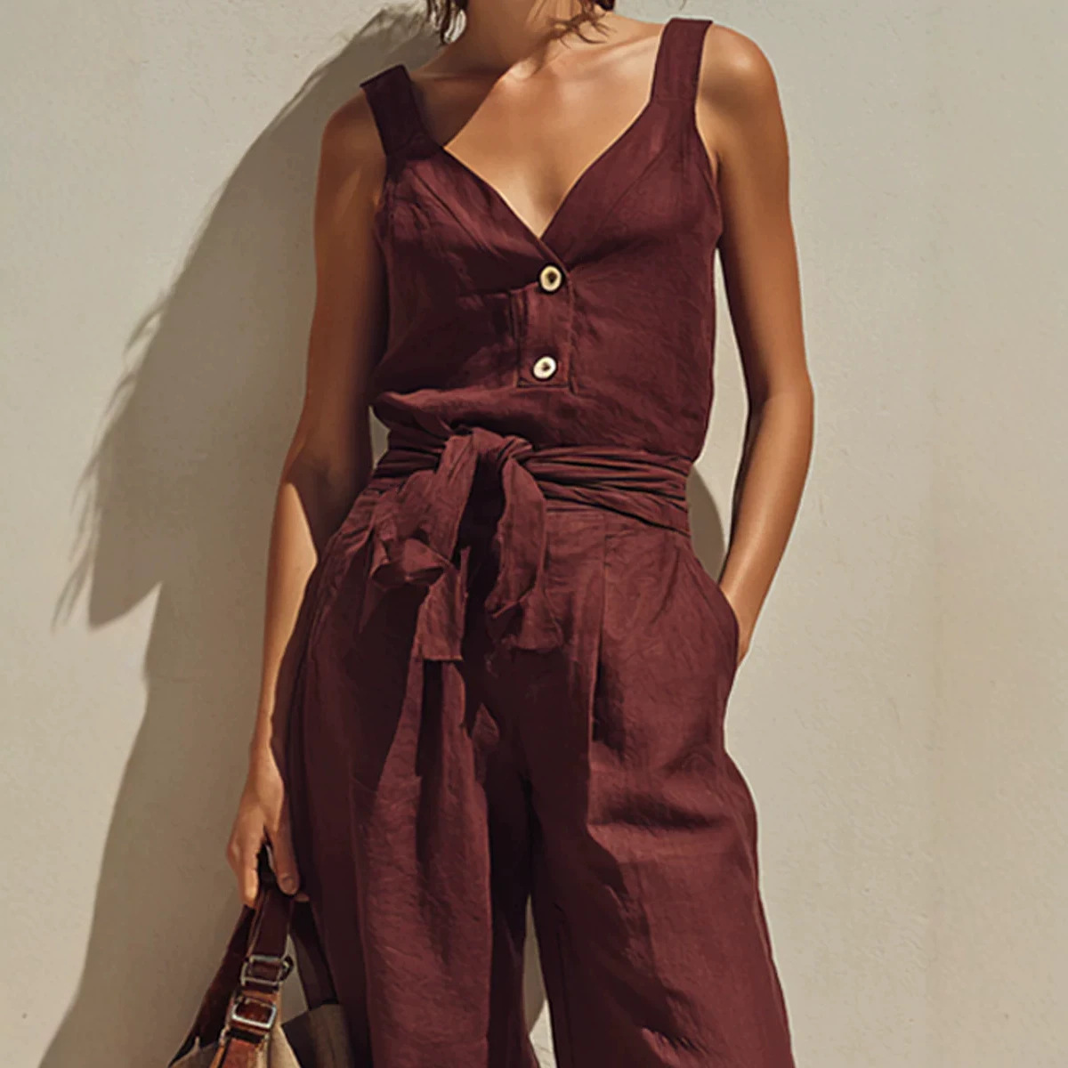 Women's Minimalist Sleeveless Cami Jumpsuit Burgundy