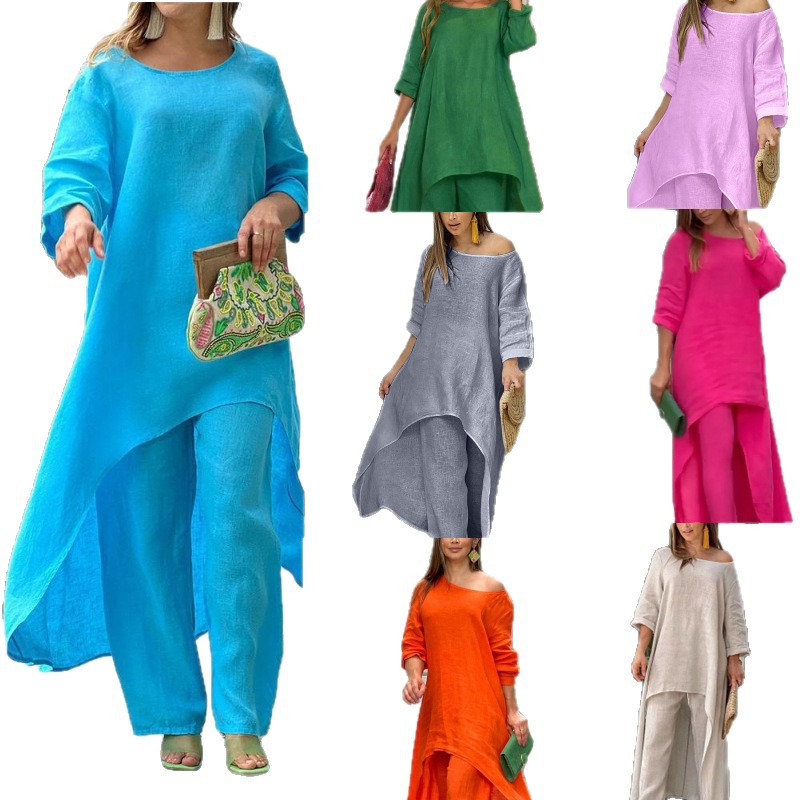 Women's Cotton-Linen Asymmetric Long-Sleeve Wide-Leg Two-Piece Set