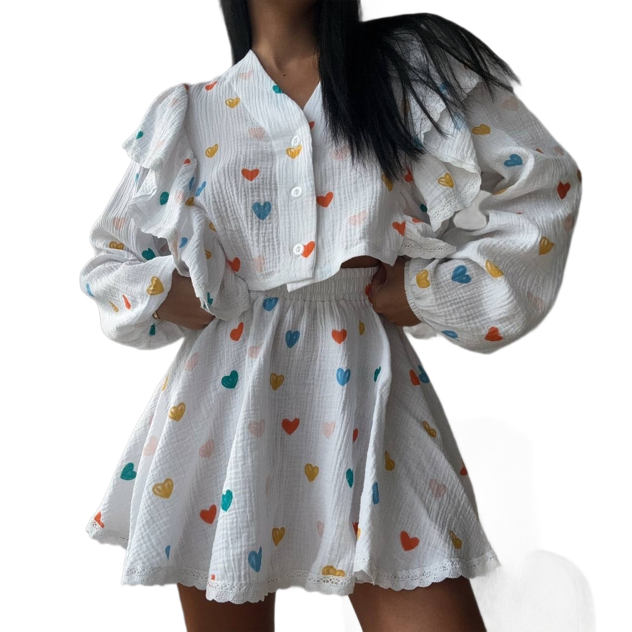 Heart Print Puff Sleeve Lace-Up Short Shirt and Sweet Skirt Set