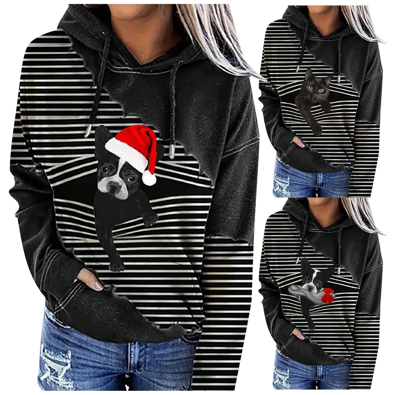 Women's Striped Christmas Dog Print Hooded Sweatshirt