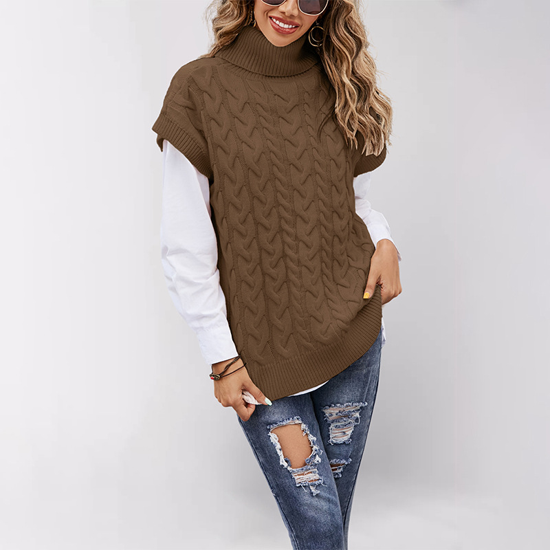 Women's Sleeveless Cable Knit Turtleneck Sweater Vest Loose Pullover
