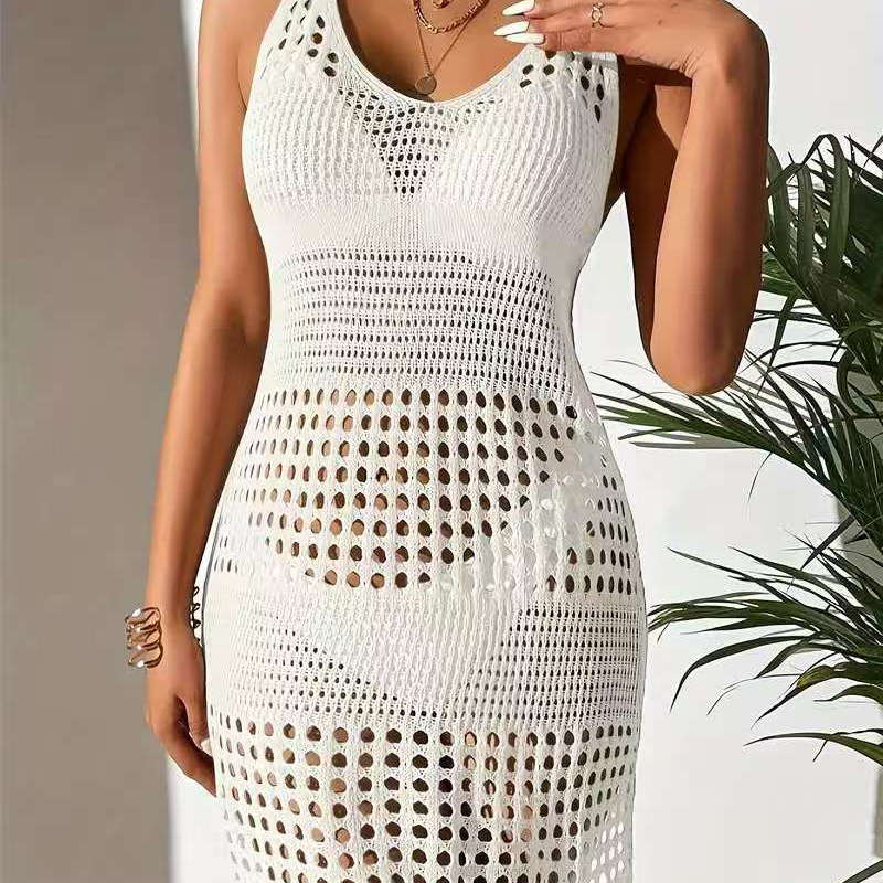 Women's Sheer Knit Cami Dress with Waist and Cutout Design